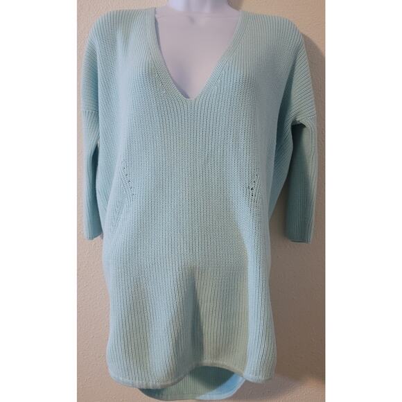 Express Teal Deep V-Neck Tight Knit Women's Sweater Small 3/4 Dropped Sleeves - Picture 1 of 4